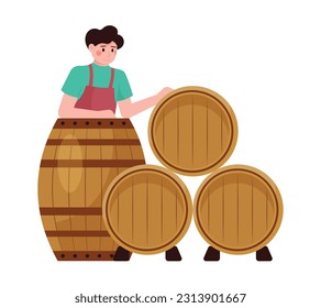 Positive guy stands next to wine barrels. Cartoon male dealing with wine production. Young man growing organic grapes to make alcohol drinks. Time for vinification. Vector