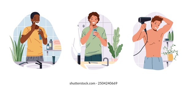 Positive guys doing everyday beauty procedures flat color vector icon set. Diverse men taking care of themselves illustration pack on white