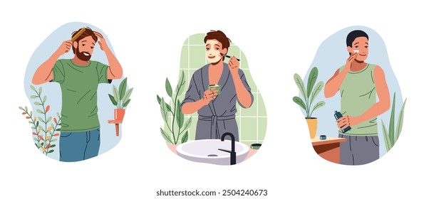 Positive guys undergoing everyday beauty procedures flat color vector icon set. Diverse men taking care of themselves illustration pack on white