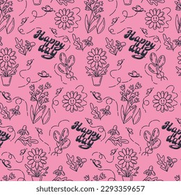 Positive hand drawn cartoon seamless pattern on pink background. Retro outline doodle elements with text Happy day and floral elements. Ideal for background, print, wallpaper, cover, wrapping, textile
