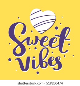 Positive handwritten vector lettering with heart on yellow background. Calligraphic inscription. Hand drawn lettering print. Apparel, t-shirt, bag, sticker, poster, card design