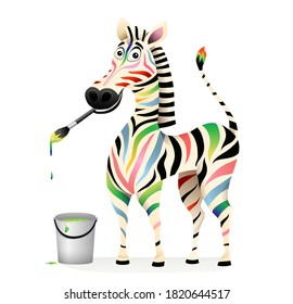 Positive Happy Colorful Zebra Paiting With Paints And Brush. Psychology Treatment Concept Animal Mascot. Funny Humorous Smiling Multi Color Zebra Design. Vector 3d Cartoom For Kids.