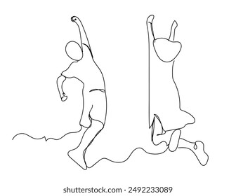 Positive. Happy jumping and dancing children. Continuous line drawing. Vector illustration on white background.
