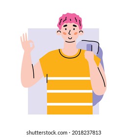 Positive happy male character gesturing of ok. Portrait of young man showing gesture okay sign expressing approval, agreement and positive emotions. Flat vector illustration.