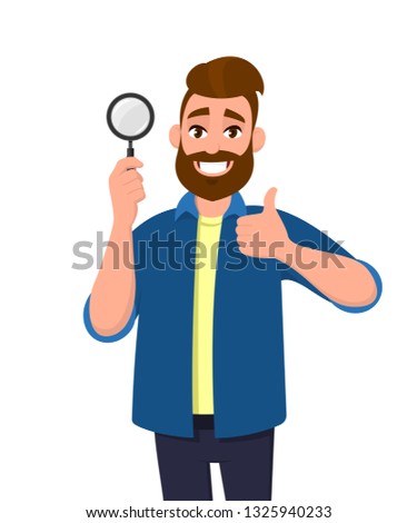 Positive happy young man holding magnifying glass and gesturing thumbs up sign. Deal, good, agree, approve, search, find, discovery, analyze, inspect, investigation concept illustration in cartoon.