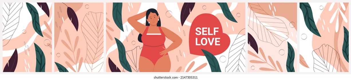 Positive healing ideas and thoughts of beautiful young woman, tropical leaf patterns, self love quote in heart vector illustration. Cartoon overweight girl in bikini background. Motivation concept