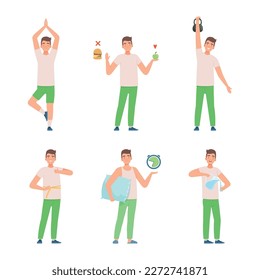 Positive healthy lifestyle. Man meditating, doing sports, drinking fresh water, eating healthy organic food cartoon vector illustration