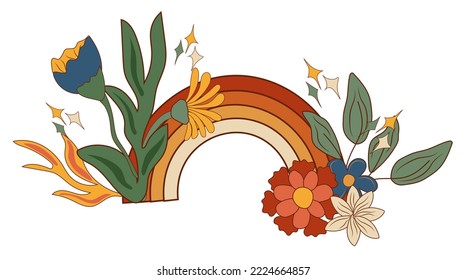 Positive hippie composition 70s, with colorful rainbow, flowers and leaves. Psychedelic groove elements. Perfect for greeting cards, poster, postcard, banner. Vector