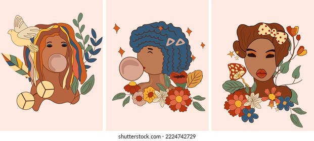 Positive hippie composition 70s, with retro girls, colorful flowers and leaves, flying dove, mushroom. Psychedelic groove elements.Vintage poster perfect for greeting cards, poster, postcard, banner.