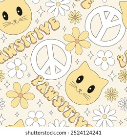 Positive hippie peace cat florals vector seamless pattern. Cat lover background. 