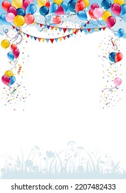 Positive holiday background with balloons and flags on blue sky and grass with place for text. Festive cartoon illustration.