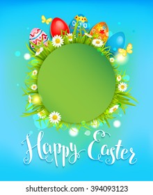 Positive holiday card with flowers and eggs. Background for design card, banner,ticket, leaflet and so on.Template page with handwritten inscription Happy Easter. Holiday card. Place for text.