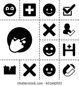 Positive icon. set of 13 filled positiveicons such as smiling emot, facepalm emot, hospital, tick, cross, smiley, broken battery, magnet, user and tick, plus