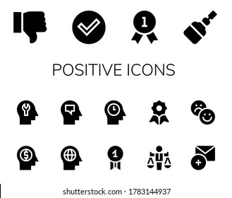 positive icon set. 14 filled positive icons.  Simple modern icons such as: Dislike, Check, Quality, Fermentation, Mind, Value, Add, Rate