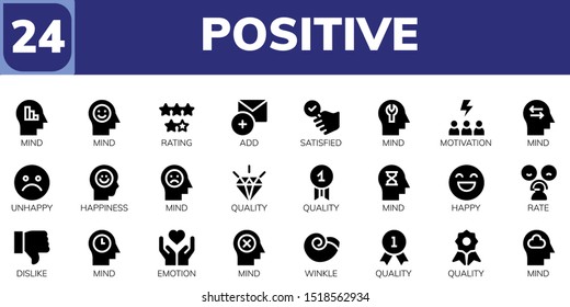 positive icon set. 24 filled positive icons.  Collection Of - Mind, Rating, Add, Satisfied, Motivation, Unhappy, Happiness, Quality, Happy, Rate, Dislike, Emotion, Winkle icons