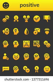 positive icon set. 26 filled positive icons.  Simple modern icons about  - Happiness, Happy, Quality, Rate, Check, Thumbs down, Esteem, Mind, Negative, Add, Emotions, Face, Bravo