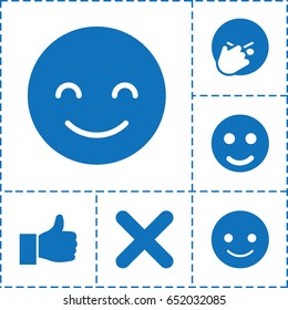 Positive icon. set of 6 positive filled icons such as smiling emot, facepalm emot, cross, thumbs up
