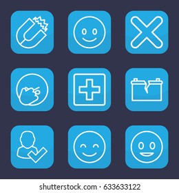 Positive icon. set of 9 outline positive icons such as cross, broken battery, smiling emot, facepalm emot, plus, magnet