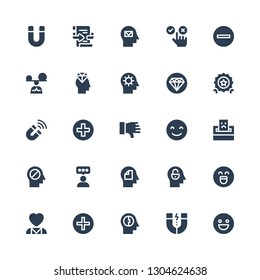 positive icon set. Collection of 25 filled positive icons included Happy, Magnet, Mind, Add, Mental health, Emotion, Rate, Complaint, Dislike, Quality, Mindfulness, Minus, Feedback