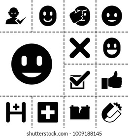 Positive icons. set of 13 editable filled positive icons such as plus, magnet, smiling emot, hospital, tick, cross, broken battery, thumbs up, smile, user and tick