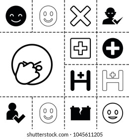Positive icons. set of 13 editable filled and outline positive icons such as smiling emot, hospital, add user, broken battery, plus, facepalm emot, cross