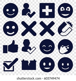 Positive icons set. set of 16 positive filled icons such as smiling emot, facepalm emot, tick, cross, smiley, add user, broken battery, thumbs up, magnet, user and tick, plus