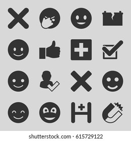 Positive icons set. set of 16 positive filled icons such as smiling emot, facepalm emot, hospital, tick, cross, smiley, broken battery, thumbs up, magnet, user and tick, plus
