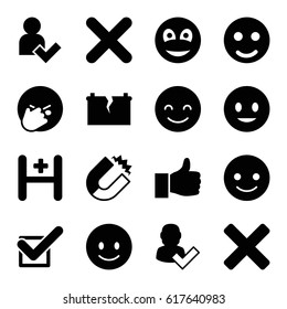 Positive icons set. set of 16 positive filled icons such as smiling emot, facepalm emot, hospital, tick, cross, smiley, add user, broken battery, thumbs up, magnet