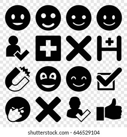 Positive icons set. set of 16 positive filled icons such as smiling emot, facepalm emot, hospital, tick, cross, smiley, add user, thumbs up, magnet, user and tick, plus