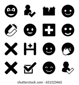 Positive icons set. set of 16 positive filled icons such as smiling emot, facepalm emot, hospital, tick, cross, smiley, add user, broken battery, magnet, user and tick, plus