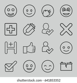 Positive icons set. set of 16 positive outline icons such as hospital, tick, cross, smiley, add user, broken battery, smiling emot, facepalm emot, plus, smile, magnet