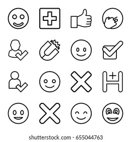Positive icons set. set of 16 positive outline icons such as hospital, tick, cross, smiley, add user, smiling emot, facepalm emot, plus, smile, magnet, user and tick