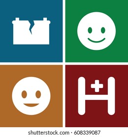 Positive icons set. set of 4 positive filled icons such as smiling emot, hospital