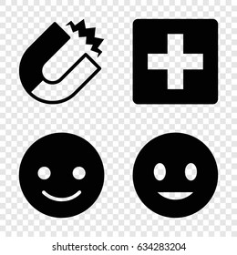 Positive icons set. set of 4 positive filled icons such as smiling emot, magnet