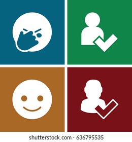 Positive icons set. set of 4 positive filled icons such as smiling emot, facepalm emot, add user