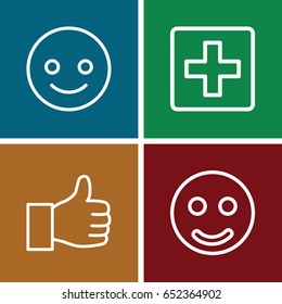 Positive icons set. set of 4 positive outline icons such as smiling emot, plus, smile