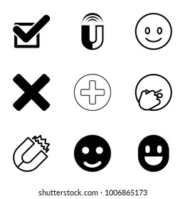 Positive icons. set of 9 editable filled and outline positive icons such as smile, tick, cross, magnet, smiling emot, facepalm emot