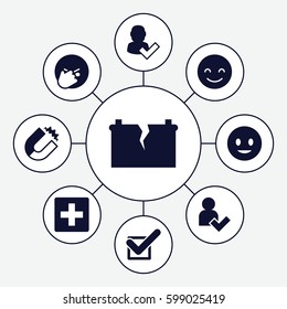 positive icons set. Set of 9 positive filled icons such as smiling emot, facepalm emot, tick, add user, broken battery, magnet, user and tick