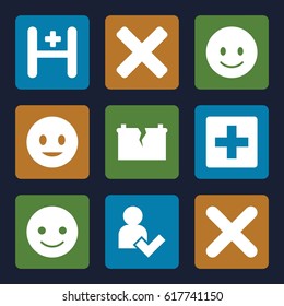 Positive icons set. set of 9 positive filled icons such as smiling emot, hospital, cross, add user, broken battery