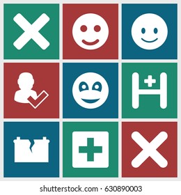Positive icons set. set of 9 positive filled icons such as smiling emot, hospital, cross, smiley, broken battery, user and tick, plus
