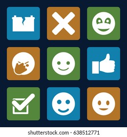 Positive icons set. set of 9 positive filled icons such as smiling emot, facepalm emot, tick, smiley, broken battery, cross, thumbs up