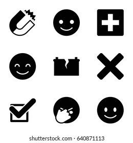 Positive icons set. set of 9 positive filled icons such as smiling emot, facepalm emot, tick, broken battery, cross, magnet