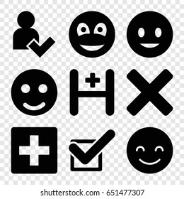 Positive icons set. set of 9 positive filled icons such as smiling emot, hospital, tick, smiley, add user, cross, plus