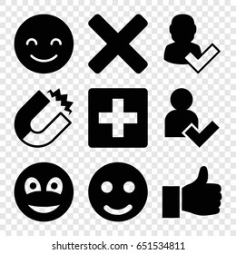Positive icons set. set of 9 positive filled icons such as smiling emot, smiley, add user, cross, thumbs up, magnet, user and tick, plus
