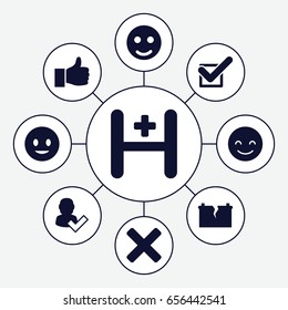 Positive icons set. set of 9 positive filled icons such as smiling emot, hospital, tick, broken battery, cross, thumbs up, user and tick