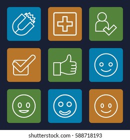 positive icons set. Set of 9 positive outline icons such as tick, add user, smiling emot, plus, smile, magnet