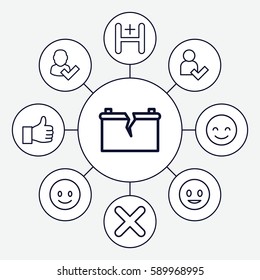 positive icons set. Set of 9 positive outline icons such as hospital, cross, add user, broken battery, smiling emot, user and tick