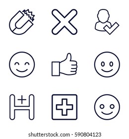 positive icons set. Set of 9 positive outline icons such as hospital, cross, smiling emot, plus, magnet, user and tick