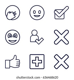 Positive icons set. set of 9 positive outline icons such as tick, cross, smiley, add user, smiling emot, facepalm emot, plus