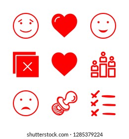 positive icons set with pacifier, close and smiling emoticon face outline vector set